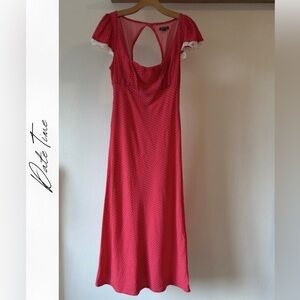 Flutter Cap Sleeve Maxi A-Line Dress | Rose Red, Dots, Lace Detail (S)